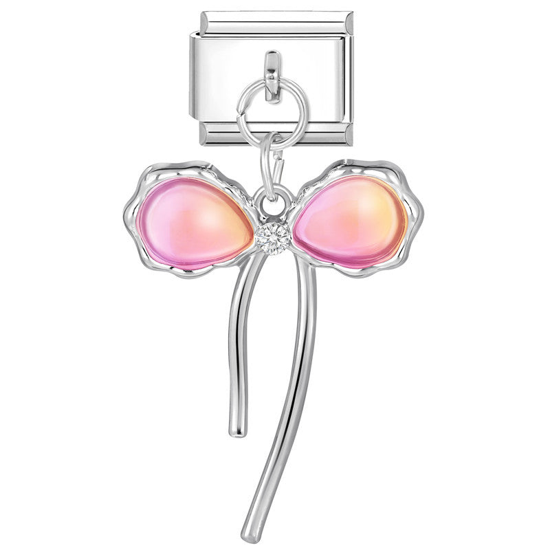 Pink Bow with Diamond- Silver Italy Pendant Charm