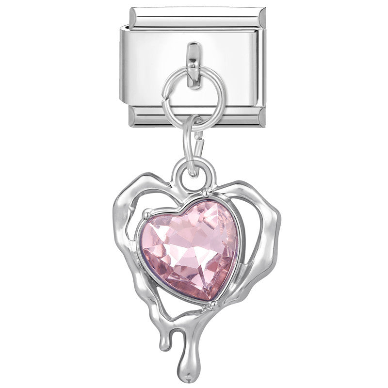 Pink Tears Heart with Diamond- Silver Italy Pendant Charm